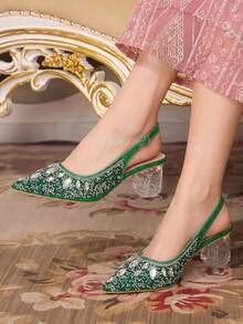 CUCCOO TILAWA Women's Crystal And Glass Rhinestone Pointed Green High-Heeled Shoes, Suitable For Going Out, Banquets, Parties And Other Activities - Green - View 9