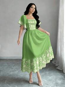 Turtle Leaf, Coconut Tree, Scattered Leaf And Small Flower Plant Silhouette, Square Neck Short Sleeve Dress With Ruffle Design At Hem, Summer Vacation Style - Multicolor 4 - View 4