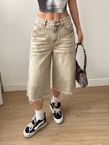 SHEIN EZwear 女款休閒百搭日常牛仔短褲，附口袋與鈕扣 - 卡其色 - 查看 6