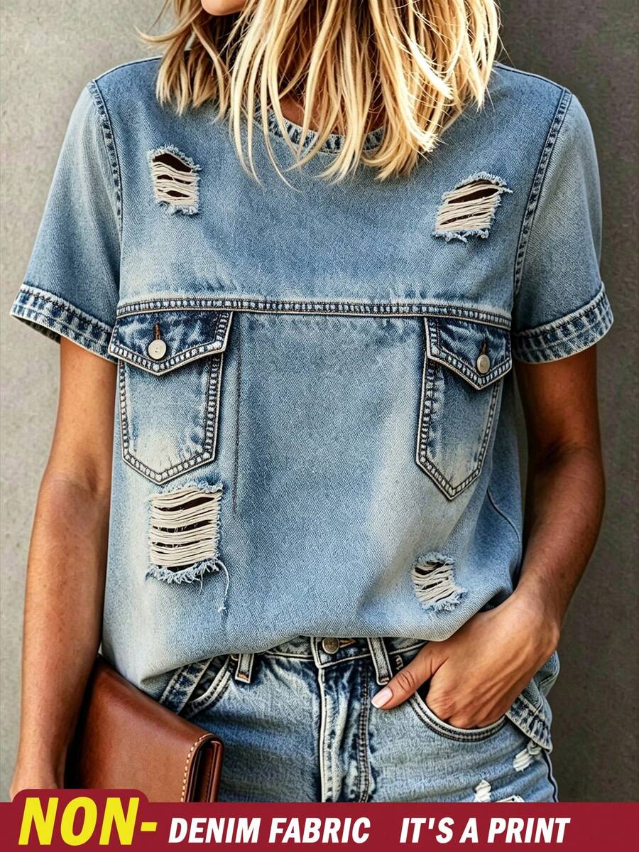 EMERY ROSE Camiseta de moda para mujer con estampado efecto denim, cuello redondo y manga corta - Multicolor - Ver 1