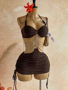 Soleia Women's Sexy Chain Decor Backless Halter Neck Mini Dress For Summer Beach Night Out Dark Brown - Brown - View 3
