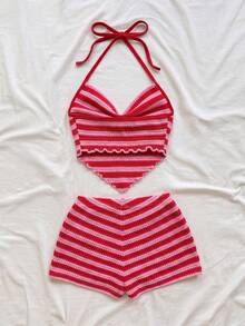 Soleia Spring/Summer New Back To  Tropical Red & White Striped Spaghetti Strap Strap Women's 2-Piece Set No Chest Padding - Hot Pink - View 2