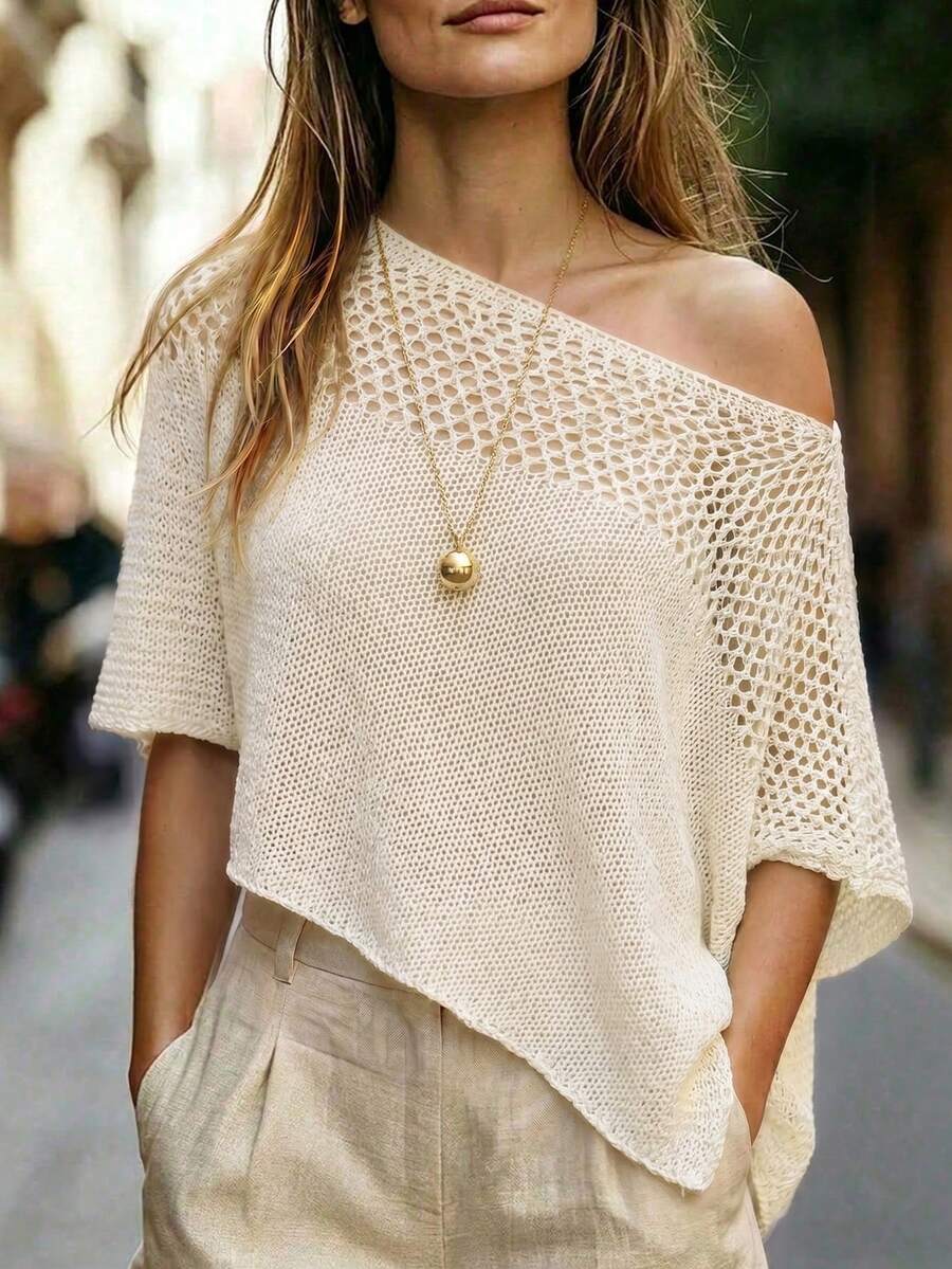 SHEIN Franclia 女款純色鏤空不對稱單肩休閒百搭日常穿著針織上衣 - 米色 - 查看 1