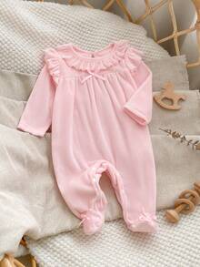1 Stück Herbst/Winter Plüsch Baby Mädchen Neugeborene Hauskleidung Rosa einseitig Kristall Plüsch süß Rüschen Saum Flügelärmel Rücken Wassertropfen Knopf Design Langarm Fuß Jumpsuit - Pink - Übersicht 6