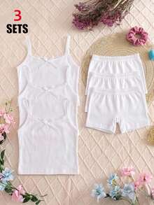 SHEIN Young Girls Random: 8 Pcs 6 Pcs Send Casual Minimalist Slim Fit Camisole Top & Shorts Set Suitable For Summer 6-Piece Set RANDOM 4 SETS Send 3 Set - White - View 9