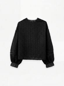 Nöista 粉色英式刺繡襯衫，帶領口與泡泡袖，優雅秋季休閒、返校、辦公室風格 - 黑色 - 查看 8