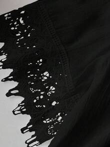 SHEIN LUNE Plus Size Women's Bow Tie Collar Patchwork Ruffle Trim Short Sleeve Blouse, Fashionable Elegant Sexy Soft Shoulder Revealing Summer Clothing - Black - View 4