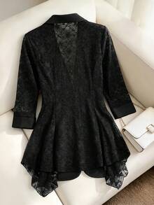 Lacomfia Blazer Ukuran Besar Elegan Warna Polos dengan Hiasan Renda - Hitam - View 2