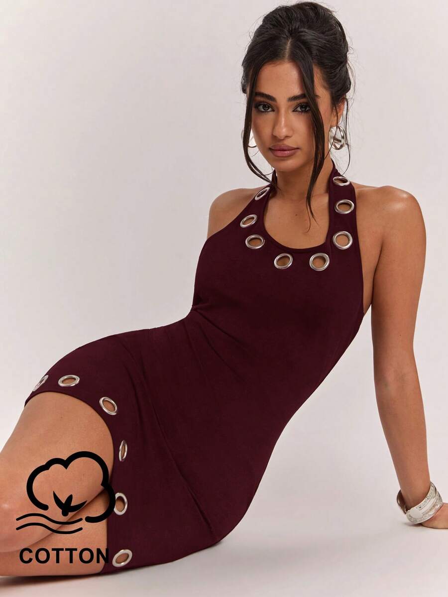 SHEIN BAE Women's Casual Sexy Versatile Street Style Metal Eyelet Decor All-Match Camisole Mini Dress Club Night Burgundy Summer - Maroon - View 1