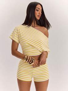 SHEIN BAE Women's Striped Asymmetric Shoulder Short Sleeve Top And Low Waist Shorts Set, Spring/Summer Striped Two Pieces Set, Summer Two Pieces Set, Casual Two Pieces Set, Comfortable Two Pieces Set, Suitable For Beach Vacation And Daily Casual Wear, Basic Style/Summer/Beach/Outing Outfit, Striped Set - Yellow - View 5