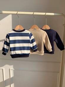 SHEIN Newborn Baby Boy Cute Casual Versatile Knitted Striped Cartoon Pattern Long Sleeve Sweatshirt 3-Piece Set - Multicolor - View 2