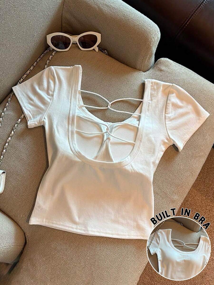 Franclia Camiseta de talla grande con espalda hueca, tirantes, acolchada y manga corta - Blanco - Ver 1