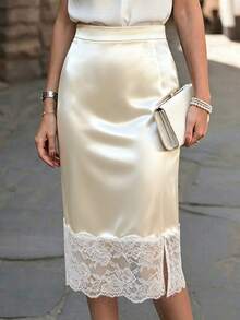 Balvessa Nueva falda ajustada de verano color albaricoque con patchwork de encaje y abertura lateral, elegante para mujer, para citas, fiestas y trabajo - Albaricoque - Ver 5