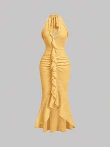 SHEIN MOD Vestido de malla ajustado con volantes, fruncido y tirantes con lazo - Amarillo claro - Ver 2