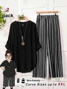 SHEIN CURVE+ 两件套加大码女式休闲V领短袖上衣和印花长裤度假套装，春秋季 - 黑色 - 查看 1