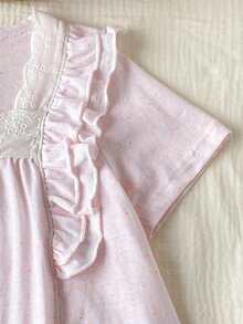 Light Pink Glitter Lace Trim Girls Pajama Set 2pcs, Bow & Ruffle Short Sleeve Top + 3/4 Pants, Princess Style Loungewear - Multicolor - View 4