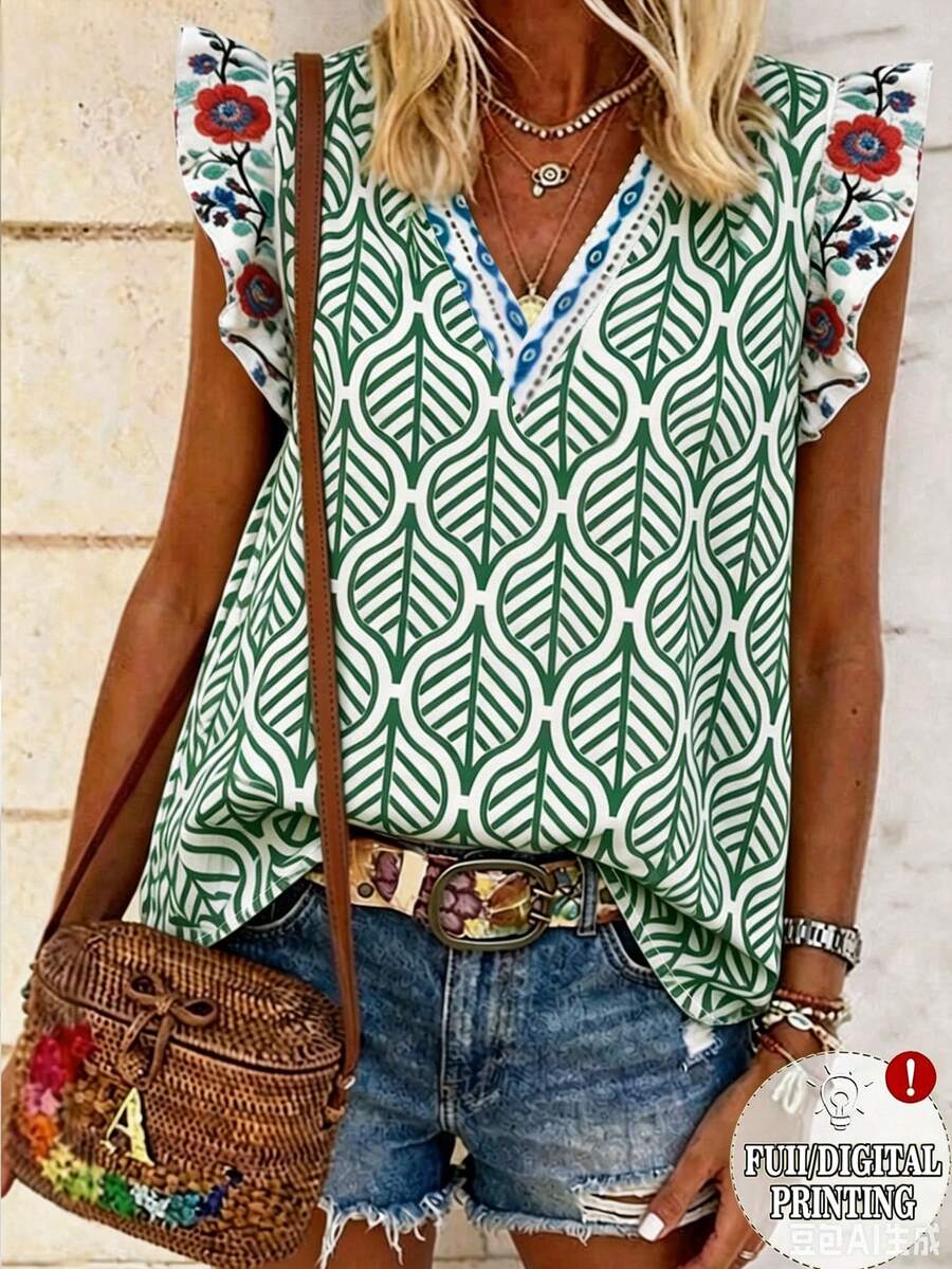 EMERY ROSE Women's All-Over Print V-Neck Summer Ruffle Casual Blouse - Multicolor - View 1