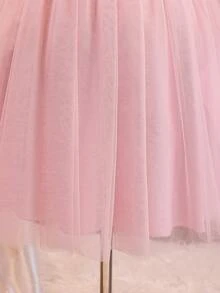 SHEIN Tween Girls Elegant Back To School Pink Strap Contrast Mesh Hi Waist Cinched Flared A-Line Dress Sixth Form,Graduation,Party Autumn Fall Christmas - Pink - View 8