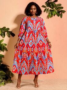 EMERY ROSE Women's Plus Size Vacation All-Over Print Round Neck 3/4 Sleeve Casual Boho Bohemian Dress Autumn Outfits Going Out Brunch Red - Multicolor - View 6