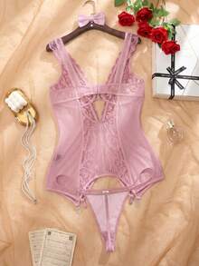 SHEIN 2pcs Plus Size Sexy Lace Contrast Mesh Lingerie Set - Pink - View 2