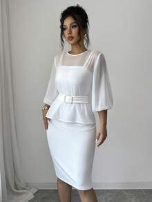 Balvessa Conjunto de 2 piezas para mujer primavera/verano elegante blanco de gasa transparente con top de manga abullonada y vestido midi ajustado con tirantes finos - Blanco - Ver 3