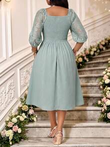 Fleurora Salbeigrün, Sommer, Elegant, Hochzeitsgast Große Größen Kleid für Frauen, Kontrastspitze Herz-Ausschnitt Laternen 3/4 Ärmel Midi Ausgestellt Büro Arbeitskleid - Kadettenblau - Übersicht 2