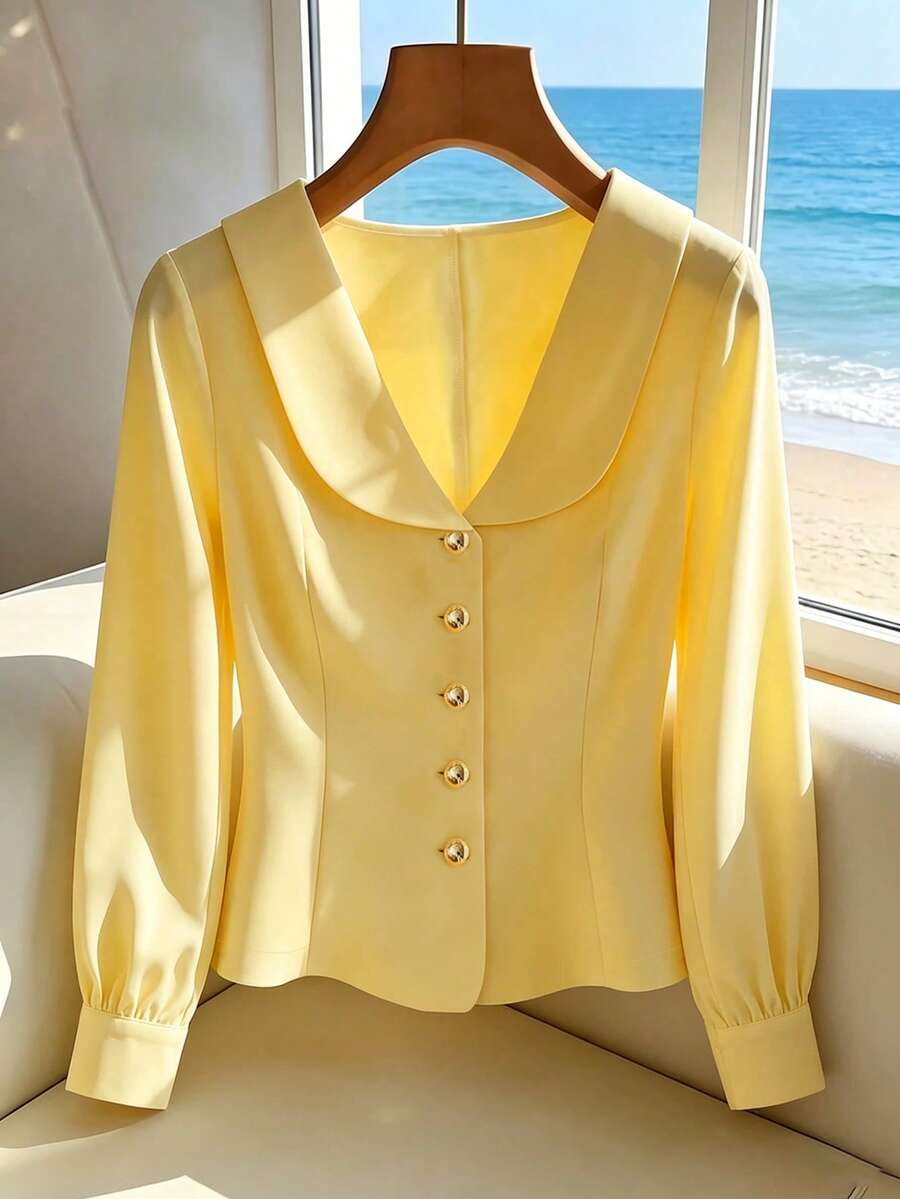 SHEIN Franclia French-Style Elegant Long-Sleeved Square-Neck Shirt, Light Yellow Summer Vacation Tea Break Shirt, Elegant Commuter Work Shirt - Light Yellow - View 1