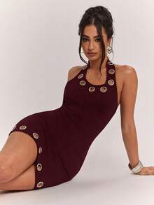 SHEIN BAE Women's Casual Sexy Versatile Street Style Metal Eyelet Decor All-Match Camisole Mini Dress Club Night Burgundy Summer - Maroon - View 8