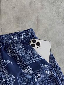 AXEPEAK Men's Vacation Cashew Print Drawstring Waist Casual Shorts - Royal Blue - View 3