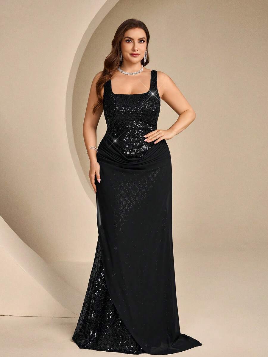 Coutiva Elegant Sequin Glitter Fitted Long Evening Gown For Banquet, High-End Socialite Style - Black - View 1