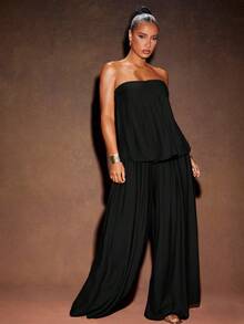 Hauture Summer Elegant Solid Color Pleated Bandeau Top - Black - View 3