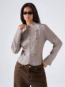 LYSMO 女款條紋金屬鈕扣設計長袖休閒正裝版型夾克 - 咖啡棕 - 查看 5