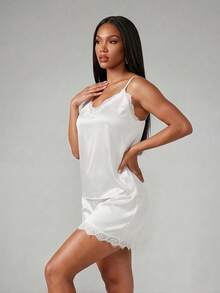 Silforma Lace Trim Satin Cami Top & Shorts Pajama Set White Set - White - View 4