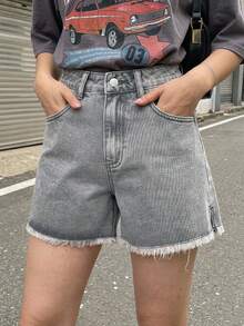 DAZY 女款休閒寬鬆牛仔短褲，附口袋與毛邊下擺，適合夏季 - 灰色 - 查看 3