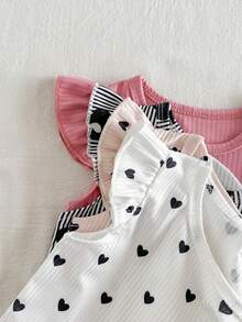 SHEIN Vintaside Kids 8件組女嬰夏季套裝，春/夏季新款休閒日常外出可愛趣味簡約愛心/花朵條紋荷葉袖背心T恤與短褲圖案印花島嶼風 - 彩色 - 查看 4