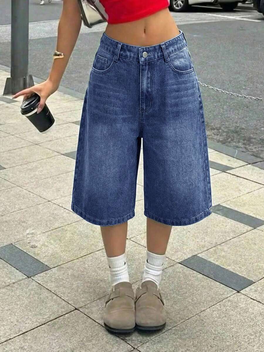 SHEIN 青少年女孩口袋寬腿寬鬆休閒牛仔短褲 - 深色水洗藍 - 查看 1