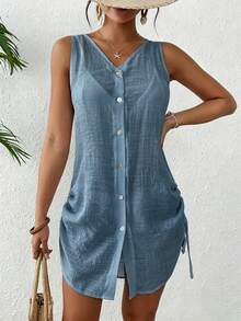 Swim Lushoire 女款純色單排扣休閒和服式罩衫，適合度假穿著 - 霧霾藍 - 查看 1