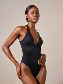 Veilyse Women's Solid Color Deep V-Neck Backless Crisscross One-Piece Shapewear UnderwearOuter - Black - View 9
