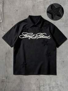 ROMWE MEN Street Life 2026夏季新款星號毛巾刺繡重磅工裝領T恤 男女情侶街頭休閒日常短袖上衣 - 黑色 - 查看 6