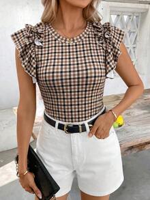 SHEIN Clasi 女款圓領格紋休閒百搭日常穿搭T恤 - 彩色 - 查看 6