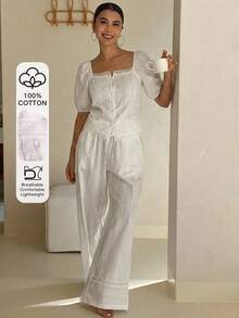 DAZY 2pcs/Set Textured Fabric Puff Sleeve Blouse & Straight Long Pajama Pants Summer Women's Sleepwear Set - White - View 3
