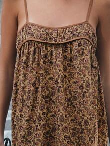 Nöista Robe décontractée pour femmes à bretelles spaghetti, imprimé intégral, plissée, pour rendez-vous et soirée - Kaki - View 7