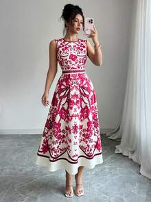 Elenzga Fashionable Sleeveless Full-Print Women's Dress - Red - View 7