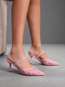 CUCCOO SZL 女款時尚優雅刺繡尖頭網布高跟單鞋 春季鞋 - 粉色 - 查看 9