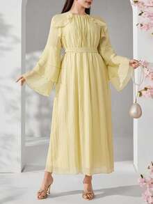 Solavon Plus Size Women's Gentle Elegant Modest Traditional French Style Pleated Textured Ruffle Waist Dress Wedding Formal Butter Yellow Autumn - Yellow - View 3