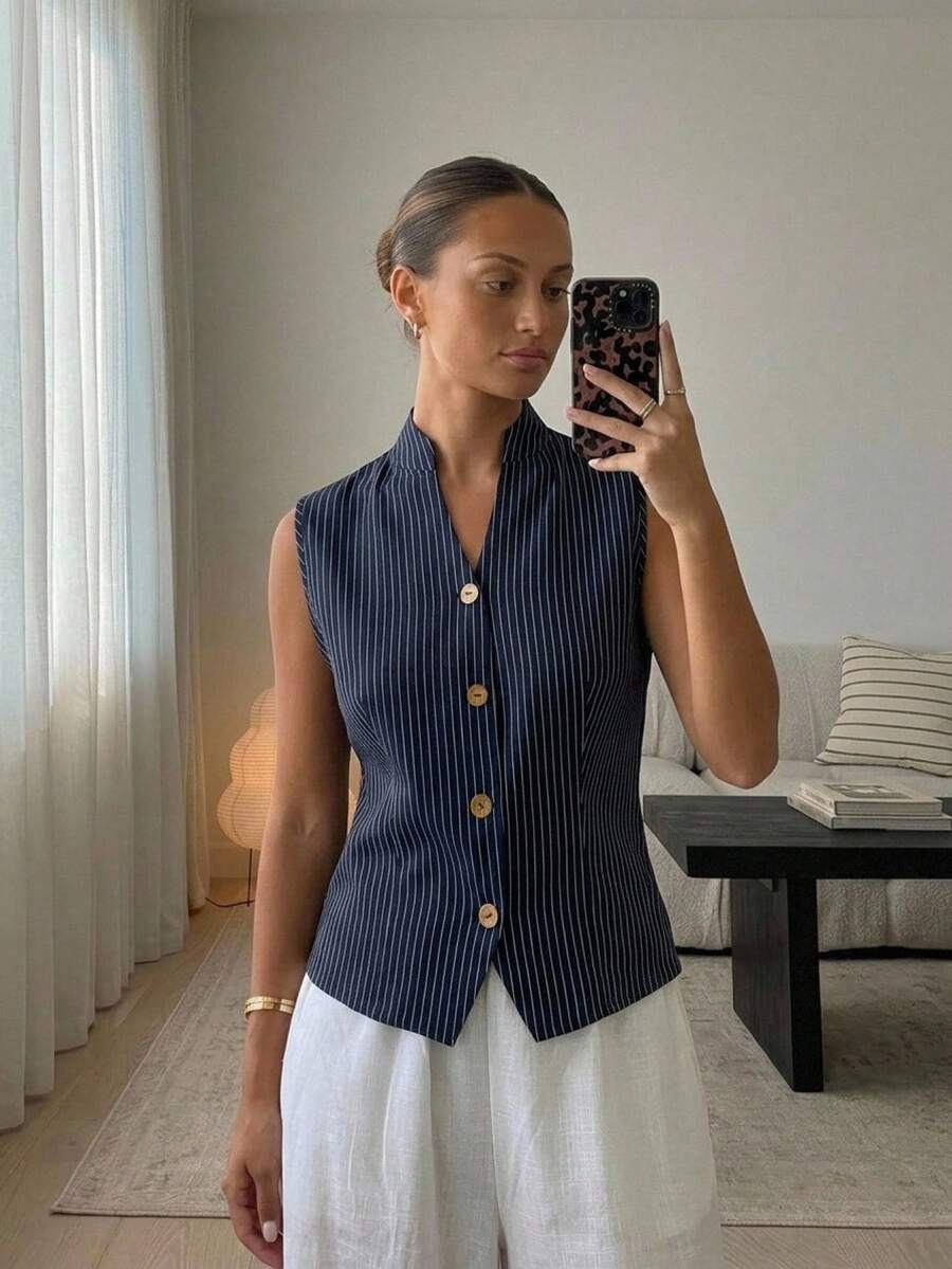 Livesso Chaleco sin mangas de unicolor para mujer, estilo commuter, para verano - Azul Marino - Ver 1