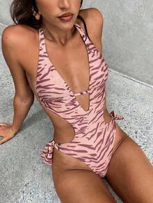 Aloruh 女款春夏季新款一件式泳衣，虎紋動物圖案泳裝，性感優雅鏤空露背設計，女士度假海灘穿搭，女款一件式泳衣 - 粉色 - 查看 5