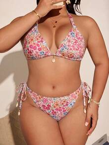 Swim Vcay Plus Size Vacation Floral Print 3D Shell Decor Halter Tie Bikini Two-Piece Swimsuit Set - Hot Pink - View 2