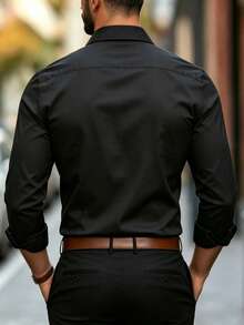 Manfinity Bizformal 男士純色隱扣休閒商務長袖襯衫，儀式穿著 - 黑色 - 查看 2