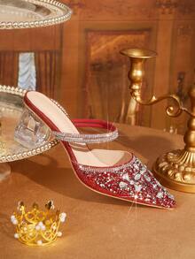 CUCCOO TILAWA Ladies' Fashionable And Elegant Crystal And Rhinestone Pointed Laser Lace Rose Red High-Heeled Shoes, Suitable For Banquets, Parties And Other Occasio - Rose Red - View 7
